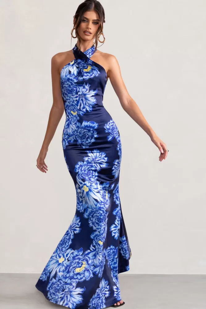 Abito Lungo Elegante in Raso con Stampa Floreale - Scollo Incrociato e Laccetti | Club L London Collezione Unstoppable - Disponibile Online