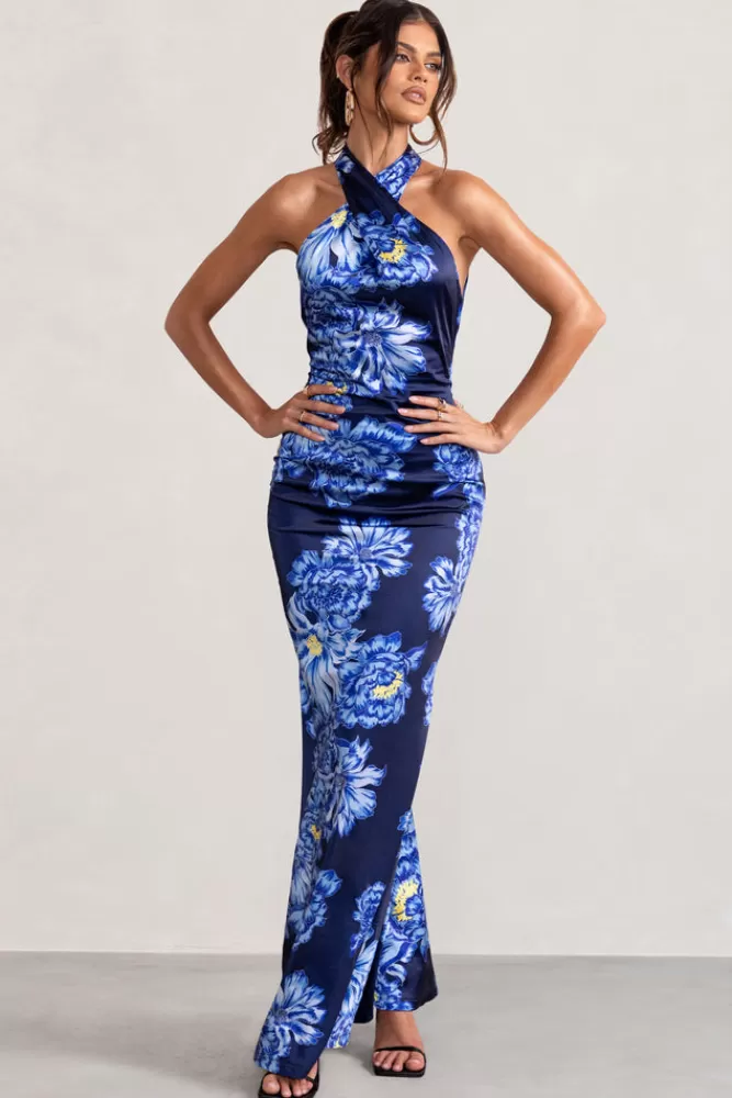 Abito Lungo Elegante in Raso con Stampa Floreale - Scollo Incrociato e Laccetti | Club L London Collezione Unstoppable - Disponibile Online