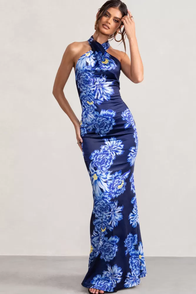 Abito Lungo Elegante in Raso con Stampa Floreale - Scollo Incrociato e Laccetti | Club L London Collezione Unstoppable - Disponibile Online