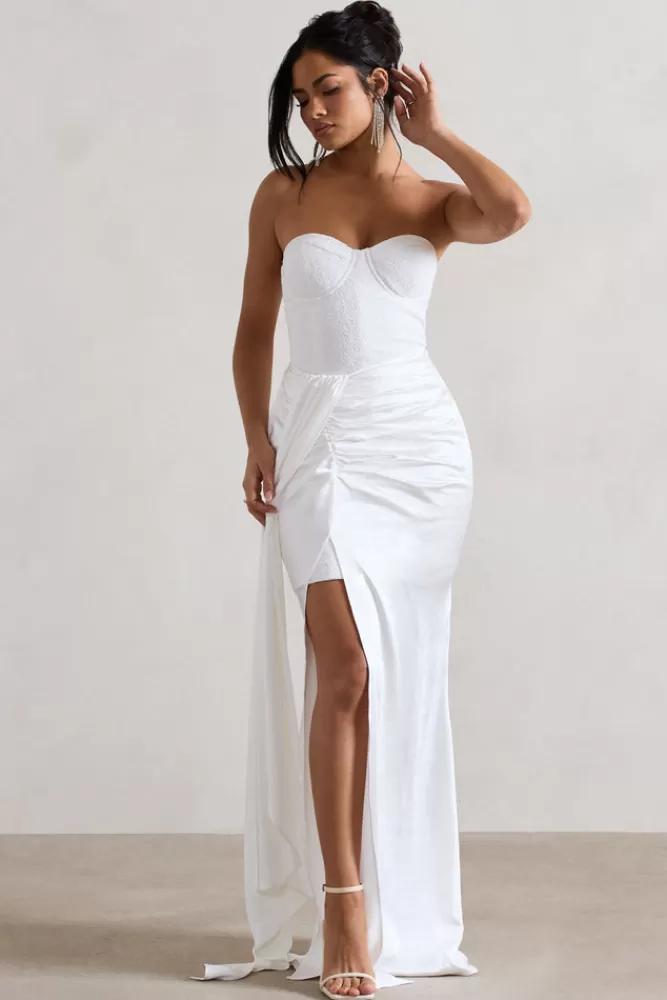 Club L London | Abito in Pizzo Bustier con Gonna Sganciabile - Lunghezza Maxi in Tinta Unica Crema | Prezzo Conveniente
