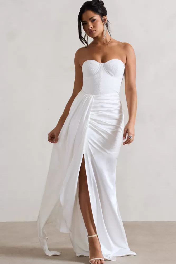 Club L London | Abito in Pizzo Bustier con Gonna Sganciabile - Lunghezza Maxi in Tinta Unica Crema | Prezzo Conveniente