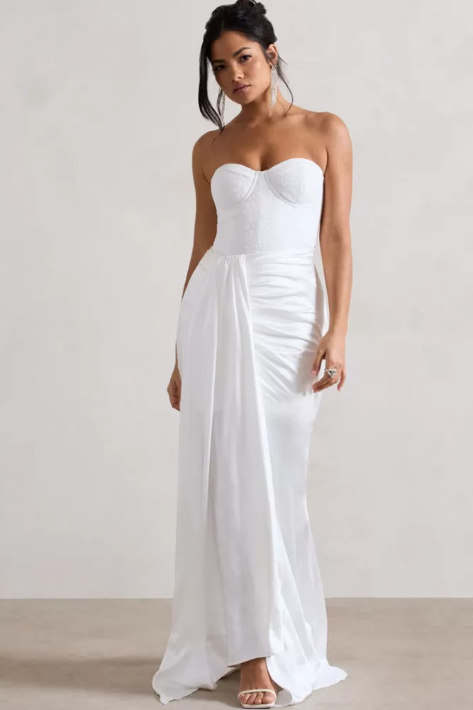 Club L London | Abito in Pizzo Bustier con Gonna Sganciabile - Lunghezza Maxi in Tinta Unica Crema | Prezzo Conveniente
