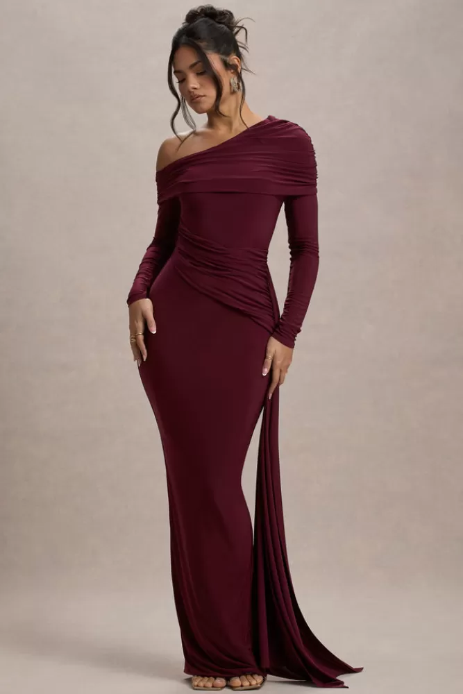 Abito Elegante Asimmetrico in Tinta Unica Borgogna - Vestito Lungo con Drappeggi e Piechettature | Promozione Lampo Club L London Valina
