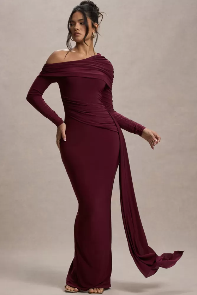 Abito Elegante Asimmetrico in Tinta Unica Borgogna - Vestito Lungo con Drappeggi e Piechettature | Promozione Lampo Club L London Valina