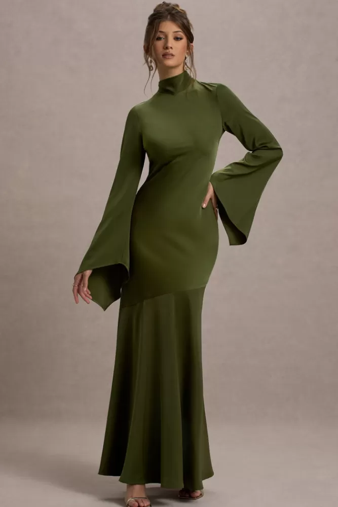 Abito Elegante in Raso Verde Oliva con Inserti Traforati e Collo Alto - Vestito Lungo Veena per Occasioni Speciali | Collezione Club L London