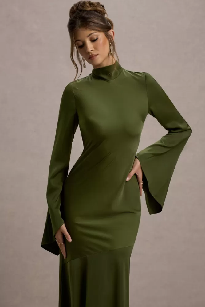 Abito Elegante in Raso Verde Oliva con Inserti Traforati e Collo Alto - Vestito Lungo Veena per Occasioni Speciali | Collezione Club L London