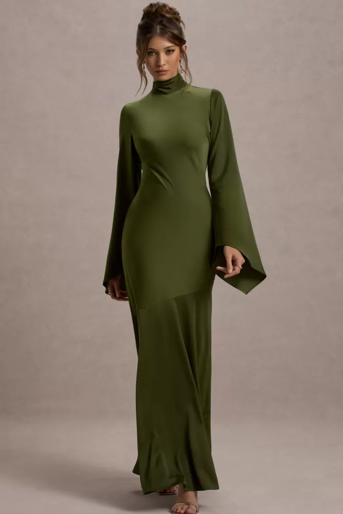 Abito Elegante in Raso Verde Oliva con Inserti Traforati e Collo Alto - Vestito Lungo Veena per Occasioni Speciali | Collezione Club L London