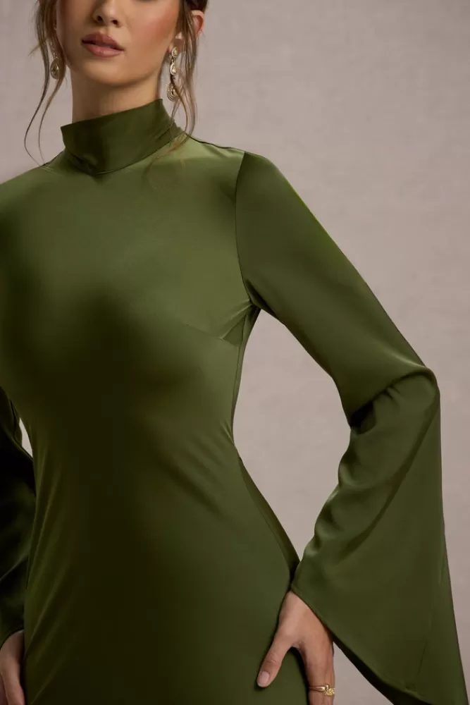 Abito Elegante in Raso Verde Oliva con Inserti Traforati e Collo Alto - Vestito Lungo Veena per Occasioni Speciali | Collezione Club L London