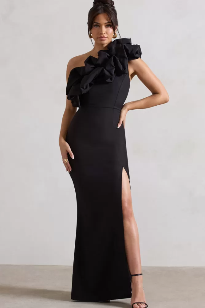 CLUB L Londra - Abito Lungo Elegante Spalla Singola con Drappeggio e Spacco - Nero | Saldi Estivi