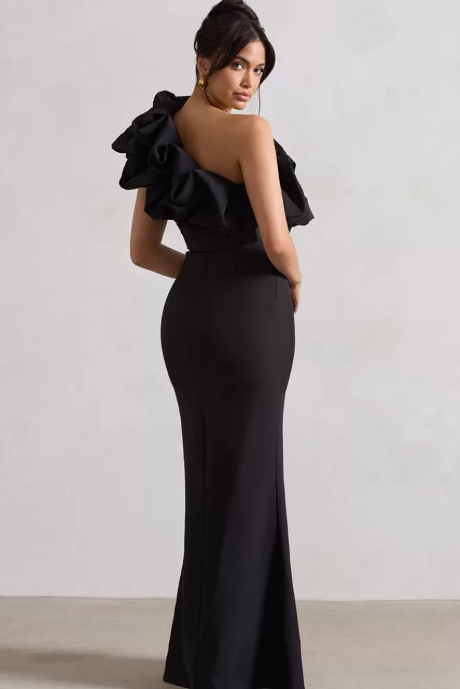 CLUB L Londra - Abito Lungo Elegante Spalla Singola con Drappeggio e Spacco - Nero | Saldi Estivi