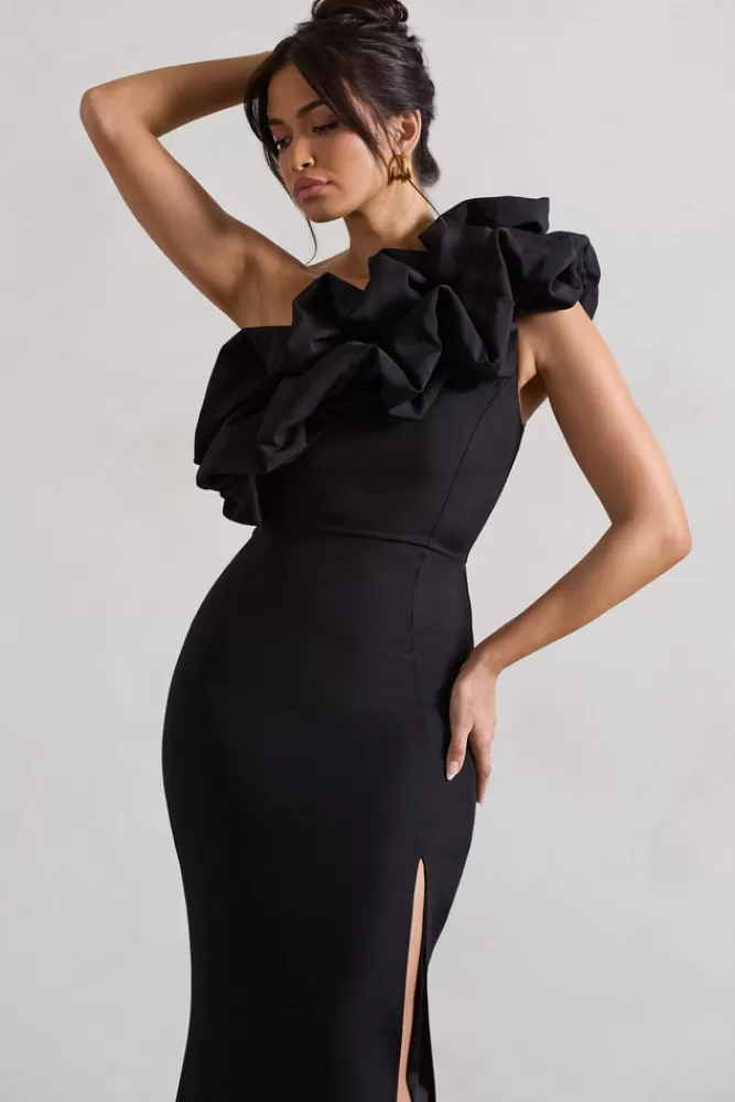 CLUB L Londra - Abito Lungo Elegante Spalla Singola con Drappeggio e Spacco - Nero | Saldi Estivi