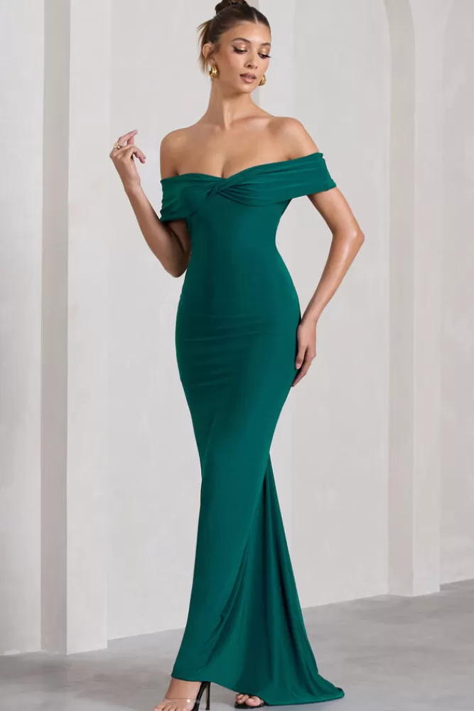 Abito Elegante Verde Bottiglia con Scollo alla Bardot e Schiena Scoperta - Club L London Vivienne | Saldi Lampo Esclusivi