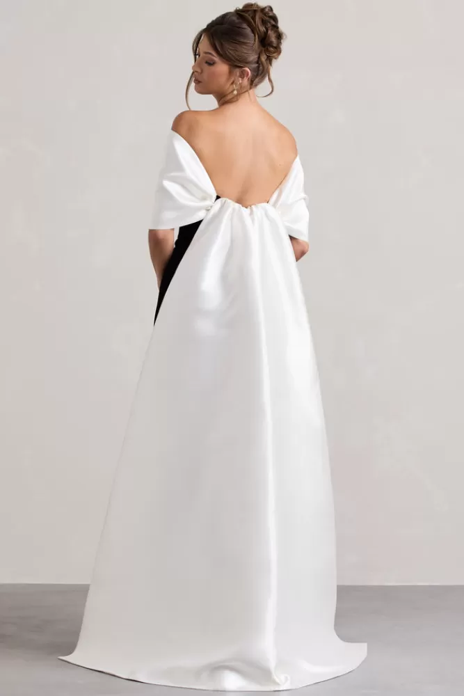 Club L London: Eleganza senza tempo - Abito Longuette con Stola in Raso e Fiocco Oversize Bianconero - Edizione Limitata