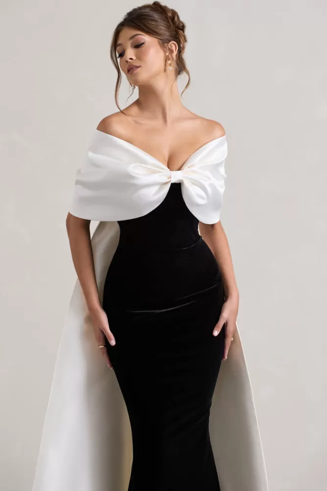 Club L London: Eleganza senza tempo - Abito Longuette con Stola in Raso e Fiocco Oversize Bianconero - Edizione Limitata