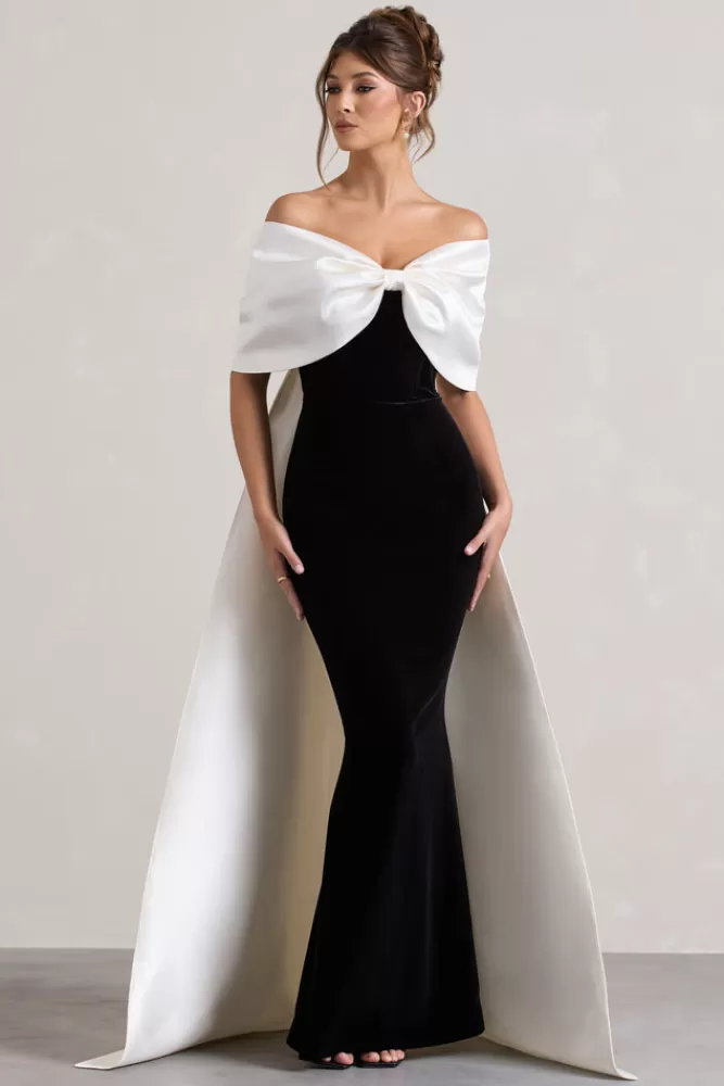 Club L London: Eleganza senza tempo - Abito Longuette con Stola in Raso e Fiocco Oversize Bianconero - Edizione Limitata