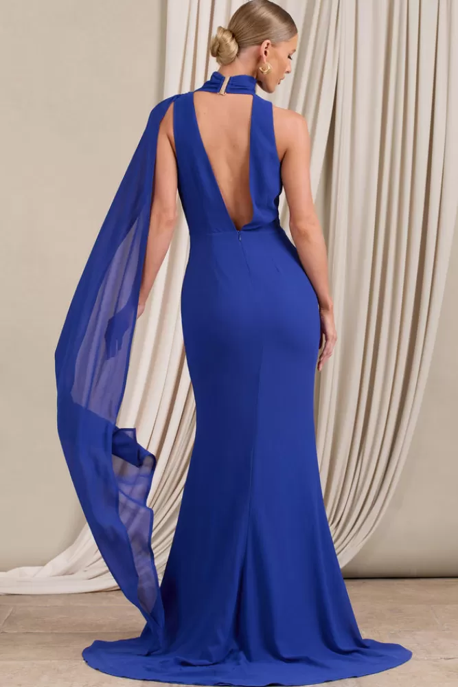 Abito da Sera Elegante con Scollo Profondo e Coda di Sirena in Chiffon Blu Elettrico - Sciarpa Coordinata - Stile Unico Firmato Club L London