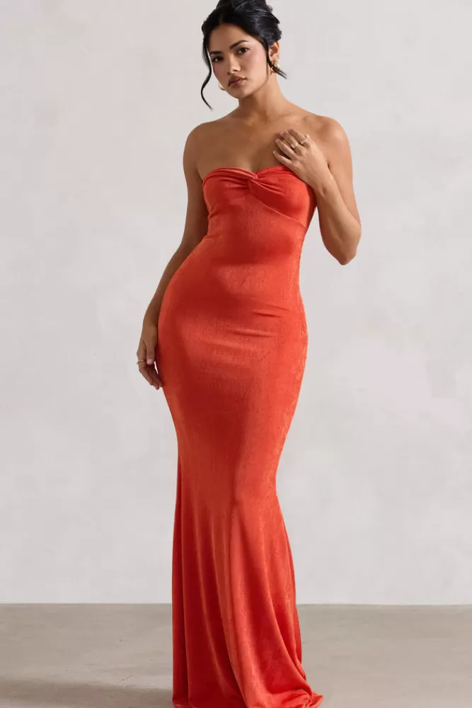 Club L London - Abito Lungo Scollatura a Cuore con Fascia Arancione | Veste Estiva Fantasia Selvaggia in Tonalità Tangerino - Sconti Imperdibili