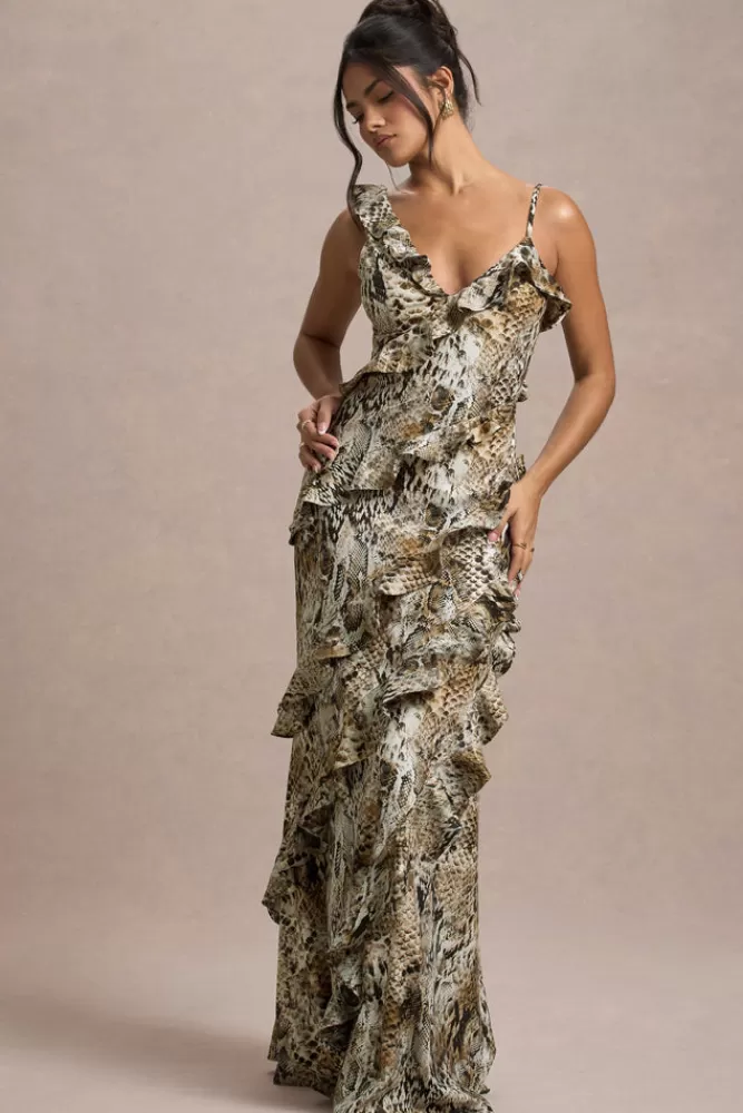 Vestito Longuo Elegante con Motivo Serpente - Scollatura a V e Balze, Club L London Collezione Leggera