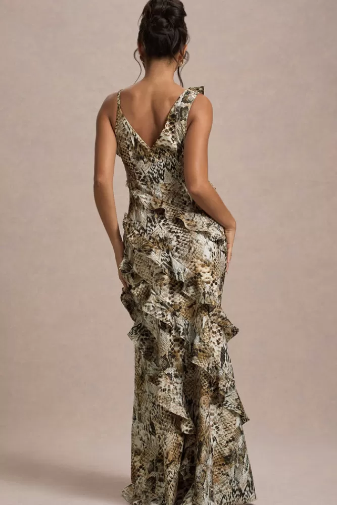 Vestito Longuo Elegante con Motivo Serpente - Scollatura a V e Balze, Club L London Collezione Leggera