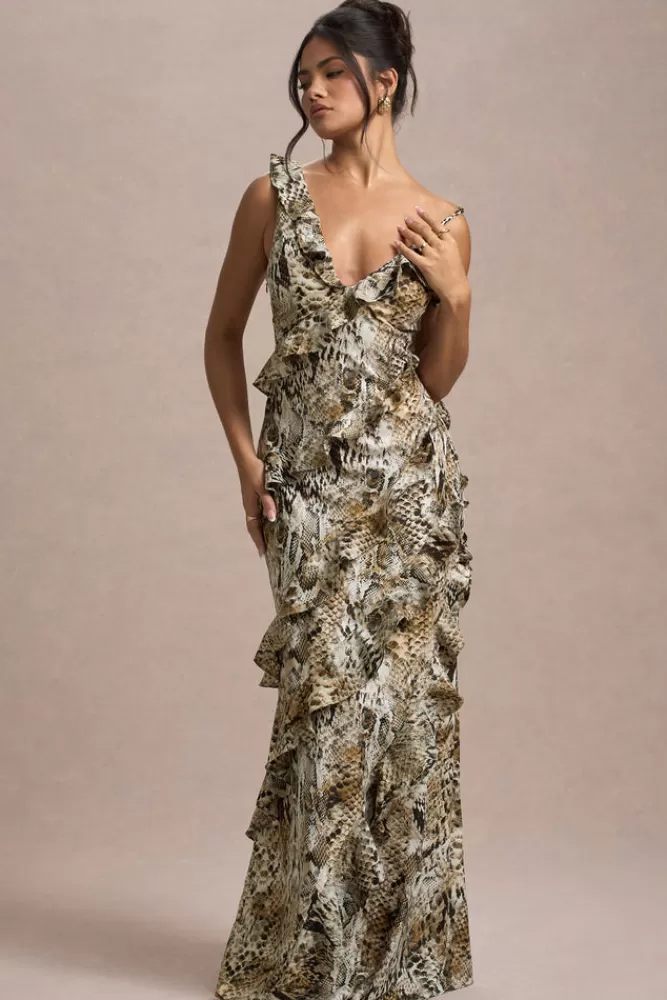 Vestito Longuo Elegante con Motivo Serpente - Scollatura a V e Balze, Club L London Collezione Leggera