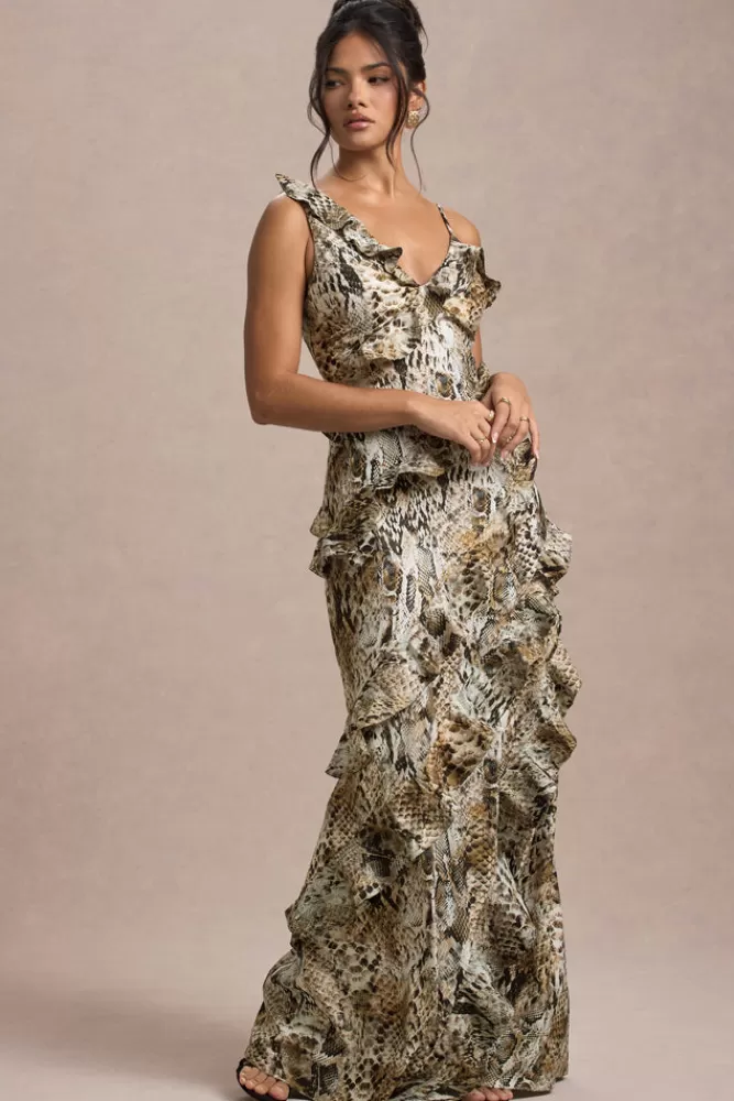 Vestito Longuo Elegante con Motivo Serpente - Scollatura a V e Balze, Club L London Collezione Leggera