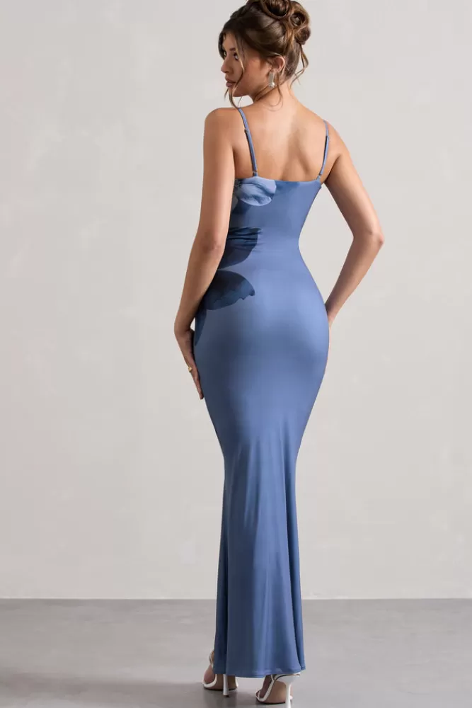 Club L London - Abito maxi estivo a spacco con spalline e stampa floreale blu - Promozione outlet