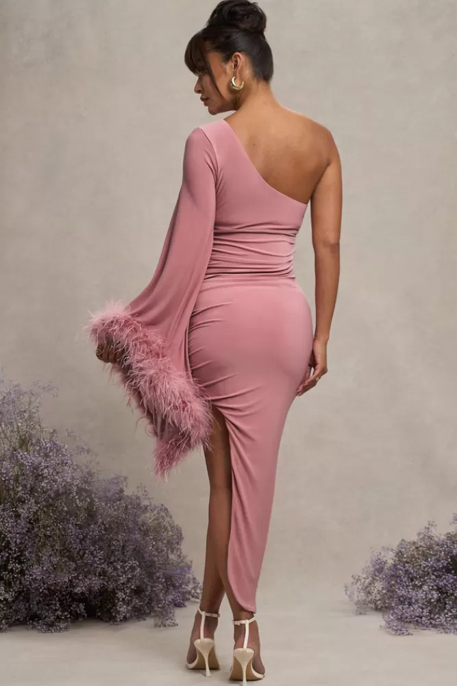 Abito Maternità Asimmetrico Rosa Cipria con Manica Unica e Decorazioni Piumate - Club London L, Stile Elegante a Prezzo Accessibile