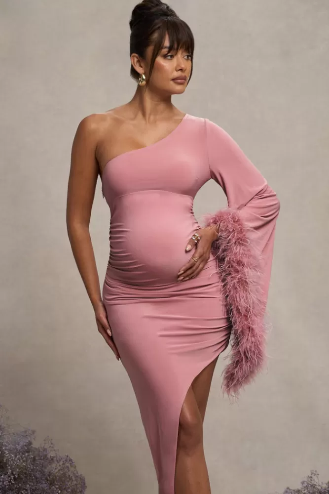 Abito Maternità Asimmetrico Rosa Cipria con Manica Unica e Decorazioni Piumate - Club London L, Stile Elegante a Prezzo Accessibile