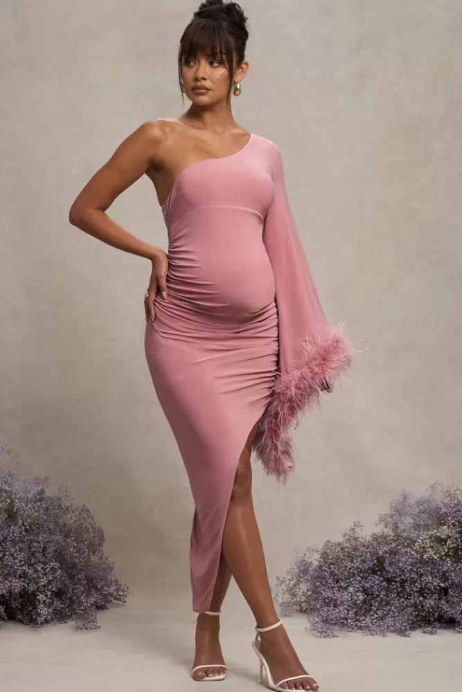 Abito Maternità Asimmetrico Rosa Cipria con Manica Unica e Decorazioni Piumate - Club London L, Stile Elegante a Prezzo Accessibile