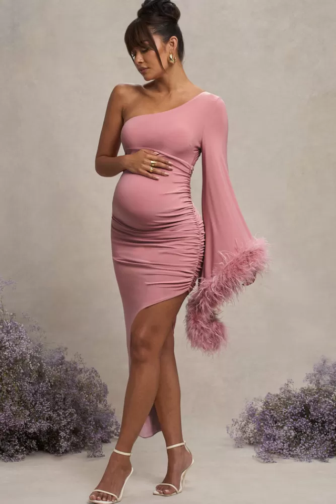 Abito Maternità Asimmetrico Rosa Cipria con Manica Unica e Decorazioni Piumate - Club London L, Stile Elegante a Prezzo Accessibile