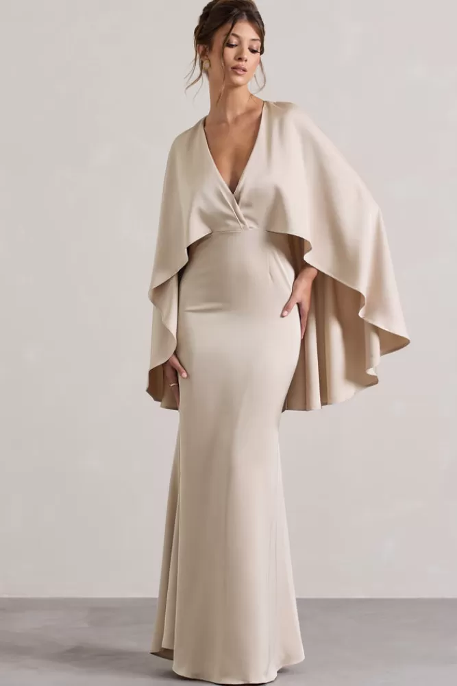 Club L London - Yasie: Abito Sera in Raso con Scollo a V Profondo e Spalle Drappeggiate, Tonalità Champagne Sensuale 

（：，
