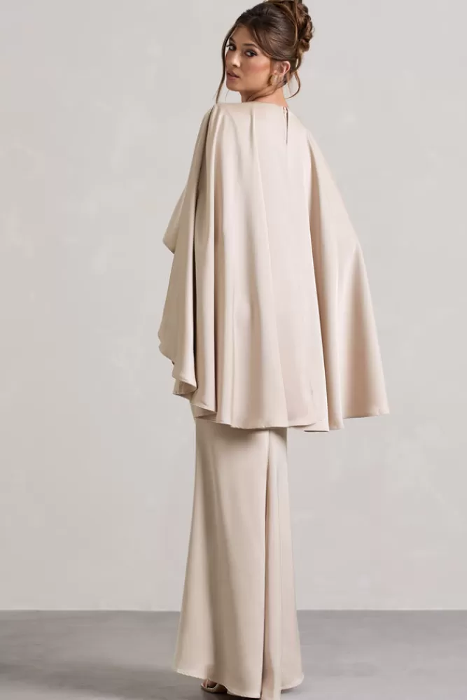 Club L London - Yasie: Abito Sera in Raso con Scollo a V Profondo e Spalle Drappeggiate, Tonalità Champagne Sensuale 

（：，