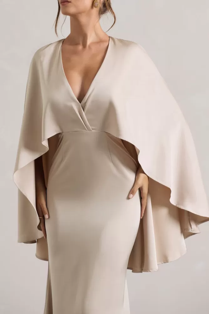 Club L London - Yasie: Abito Sera in Raso con Scollo a V Profondo e Spalle Drappeggiate, Tonalità Champagne Sensuale 

（：，