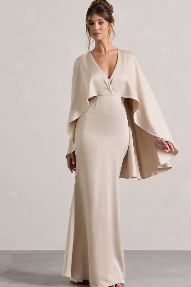 Club L London - Yasie: Abito Sera in Raso con Scollo a V Profondo e Spalle Drappeggiate, Tonalità Champagne Sensuale 

（：，