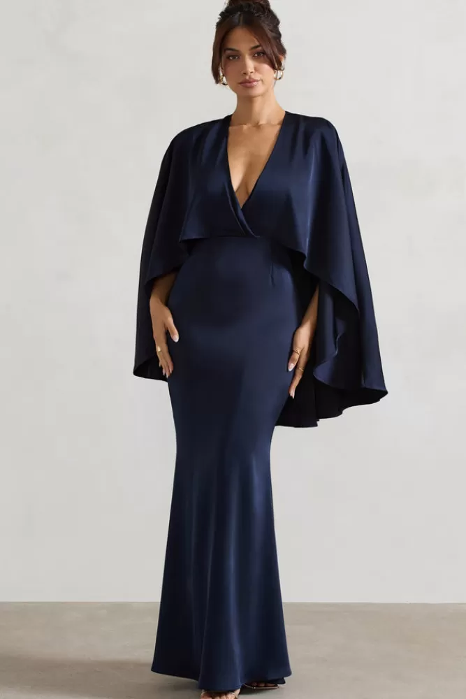 Yasie - Abito Elegante in Raso con Scollo Profondo e Spalle a Drappo, Tonalità Blu Navy Intenso - CL London Collection