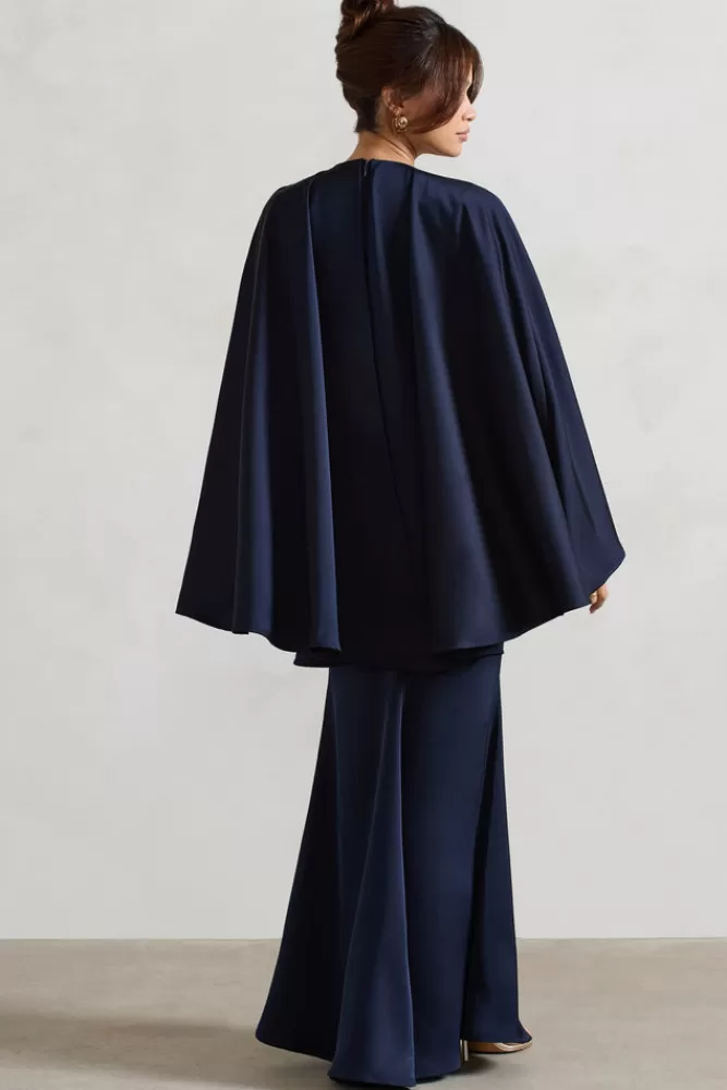 Yasie - Abito Elegante in Raso con Scollo Profondo e Spalle a Drappo, Tonalità Blu Navy Intenso - CL London Collection