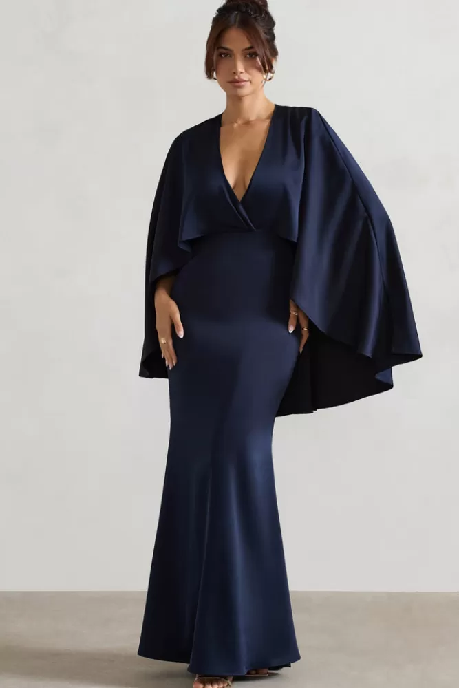 Yasie - Abito Elegante in Raso con Scollo Profondo e Spalle a Drappo, Tonalità Blu Navy Intenso - CL London Collection