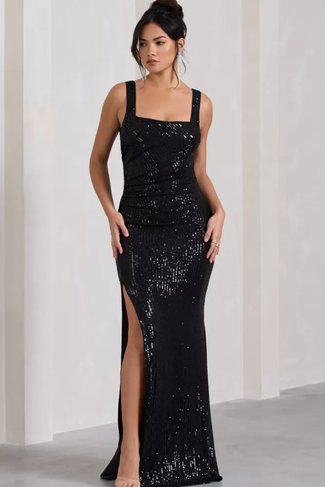 Abito lungo Yvonne in paillettes con schiena scoperta - Vestito aderente elegante total black di Club L London per serate glamour
