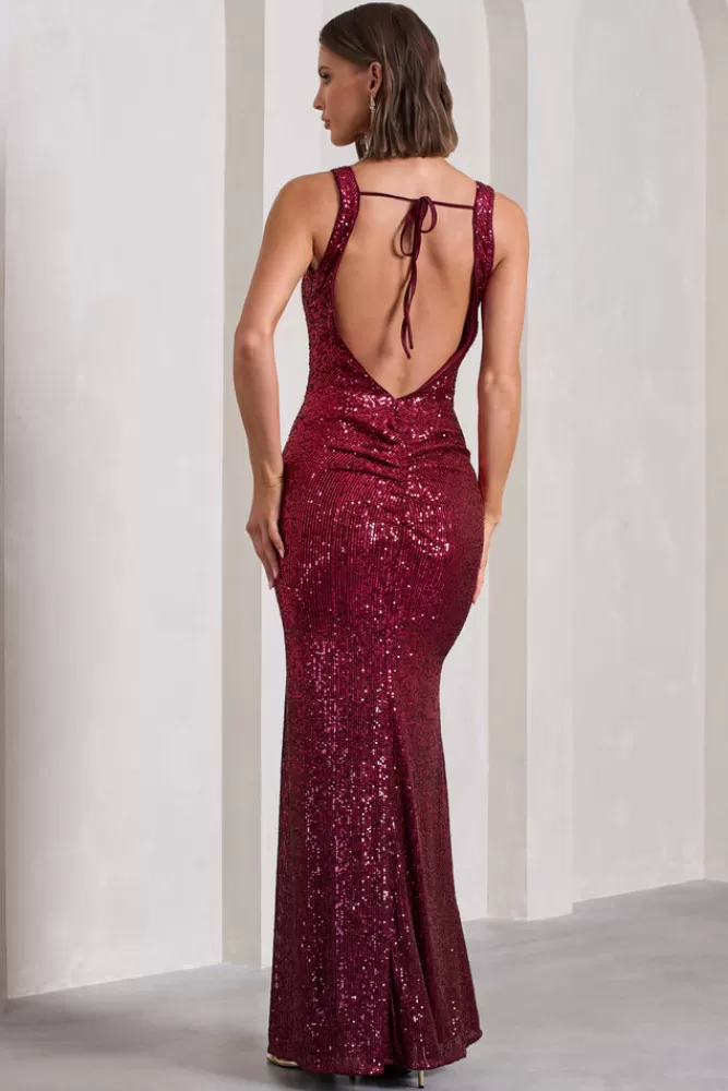 Club L London: Abito Lungo Yvonne in Paillettes con Schiena Scoperta - Sfumatura Prugna Elegante per Serate Speciali, Design Bodycon con Ricami Brillanti