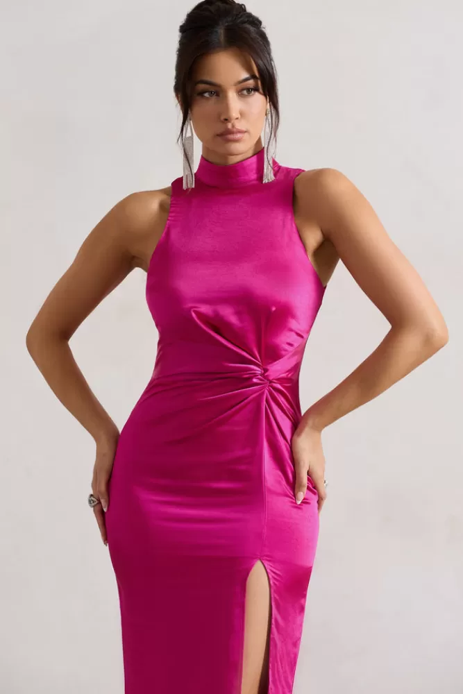 Club L London Zoe - Abito Longuissimo in Raso Borgogna con Spacco a Drappo e Bordatura Piumata | Collezione Boudoir Rosso Passionale