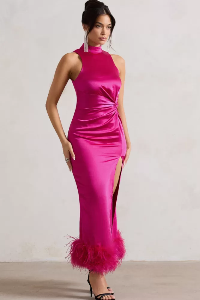 Club L London Zoe - Abito Longuissimo in Raso Borgogna con Spacco a Drappo e Bordatura Piumata | Collezione Boudoir Rosso Passionale