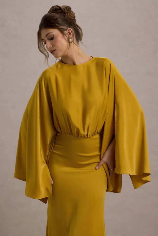 Club L London - Abito Midi drappeggiato con maniche a mantella in nuance senape - Ocra edizione limitata