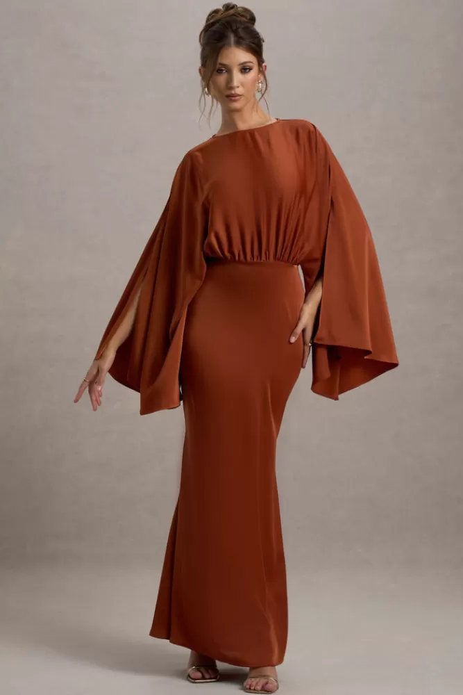 Abito Elegante con Drappeggi e Maniche a Mantella - Zuzanna by Club L London, Colore Terra Bruciata, Prezzo Imperdibile