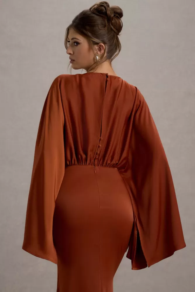 Abito Elegante con Drappeggi e Maniche a Mantella - Zuzanna by Club L London, Colore Terra Bruciata, Prezzo Imperdibile