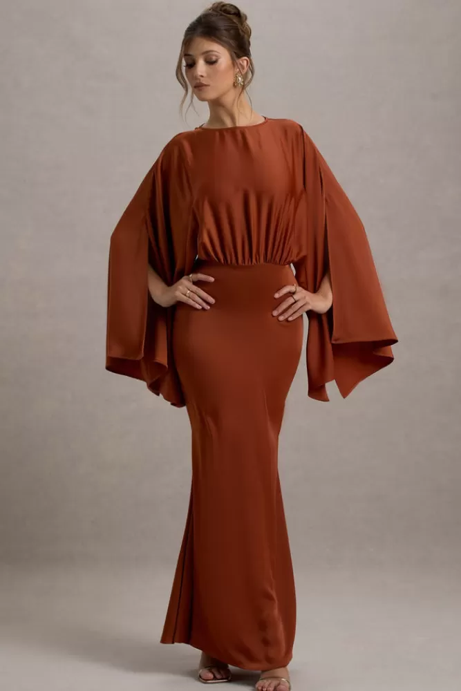 Abito Elegante con Drappeggi e Maniche a Mantella - Zuzanna by Club L London, Colore Terra Bruciata, Prezzo Imperdibile