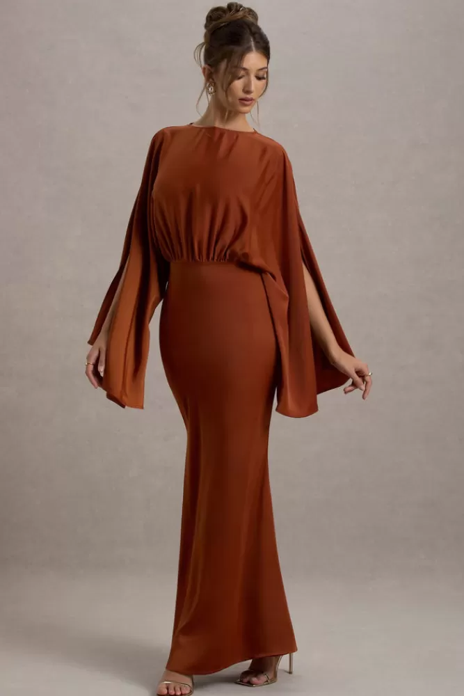 Abito Elegante con Drappeggi e Maniche a Mantella - Zuzanna by Club L London, Colore Terra Bruciata, Prezzo Imperdibile